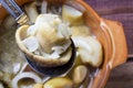 Spoon with marinaded mushroom and onion over pot with mushrooms Royalty Free Stock Photo