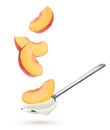 Spoon with natural yogurt and falling slices of peach fruit isolated on white Royalty Free Stock Photo