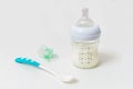 Spoon, pacifier and bottle with milk for feeding baby Royalty Free Stock Photo