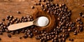 spoon with powder and coffee beans on old wooden spoon Royalty Free Stock Photo