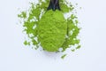 A spoon with powdered matcha green tea, isolated on light background, copy space, top view Royalty Free Stock Photo
