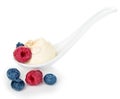 Spoon of raspberries and blueberries yogurt Royalty Free Stock Photo