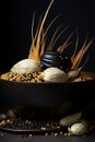 Spoon with red seeds in the black cup on a dark table, in the style of traditional vietnamese