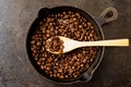 Spoon roasting coffee beans in a pan Royalty Free Stock Photo
