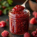 Raspberry jam. Spoon scooping homemade raspberry jam from a glass jar surrounded by fresh raspberries Royalty Free Stock Photo