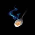 A spoon with steam emerges from the darkness and rushes to the mouth on a black background. Icon of hot food. Vector Isolated