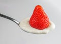 Spoon with strawberry in sour cream closeup Royalty Free Stock Photo