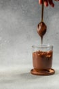 Spoon with tasty chocolate cream. Hazelnut spread with nuts and chocolate. place for text, top view Royalty Free Stock Photo