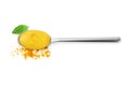 Spoon with tasty curry sauce, powder and basil leaf isolated on white, top view Royalty Free Stock Photo