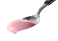 Spoon with tasty strawberry yogurt on white background Royalty Free Stock Photo