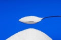 Spoon with white sugar on a blue background Royalty Free Stock Photo