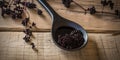 Spoonful of homemade elderberry syrup, set against a wooden backdrop, emphasizing the use of natures ingredients for