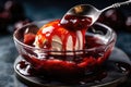 Spoonful Of Jelly Being Drizzled Over Ice Cream. Generative AI Royalty Free Stock Photo