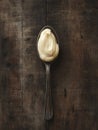 Spoonful of mayonnaise on a wooden table Royalty Free Stock Photo