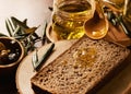 Spoonful Olive Oil on Brown Bread warm lightening Royalty Free Stock Photo