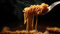 A spoonful of spaghetti is being held up by a black background, AI