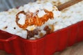 Spoonful of Sweet Potato Casserole Baked with Mini Marshmallows Royalty Free Stock Photo