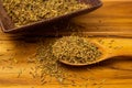 A spoonful of thyme on the wooden table.