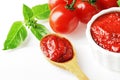 A spoonful of tomato sauce, fresh green basil, tomato sauce