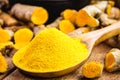 Spoonful of turmeric powder, turmeric roots in a wooden bowl Royalty Free Stock Photo