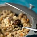 Spoonful of wonderful Uzbek pilaf against blurred background of cast iron with rice and meat dish. Soft focus