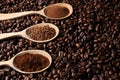 Spoons with different types of coffee on roasted beans. Space for text Royalty Free Stock Photo