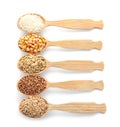 Spoons with different types of grains and cereals Royalty Free Stock Photo
