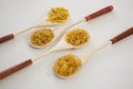 Spoons filled with varieties of pasta Royalty Free Stock Photo
