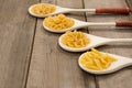 Spoons filled with varieties of pasta Royalty Free Stock Photo