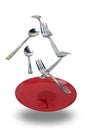 Spoons, forks, knife and red plate levitation Royalty Free Stock Photo
