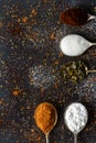 Spoons with icing sugar, green tea, coffee and cocoa on black background sprinkled with sugar, coffee, cocoa powder