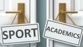 Sport or academics as a choice in life - pictured as words Sport, academics on doors to show that Sport and academics are