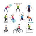 Sport activities. Characters outdoor making some exercises active people running man gymnastics fitness vector pictures