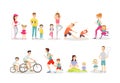 Sport activity flat vector illustrations set. Active leisure, exercises, athletic lifestyle. Fitness and yoga, cycling