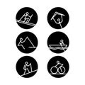 Sport activity line art icon people biking, skiing, canoeing, paragliding, fishing, hiking