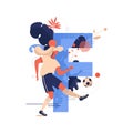 Sport alphabet element, letter F for football, young woman training with ball. Illustration decorated with geometric shapes and