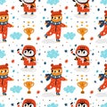 Sport animals seamless pattern. Cute athletes and gold winner cups. Figure skating and ice hockey. Penguin and bear on