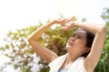 Sport asian woman gets tired and get dizzy, feel bad pain and suffer from heat stroke outdoors when jogging or exercise outdoor Royalty Free Stock Photo