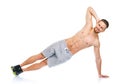 Sport attractive man doing fitness exercises on the white