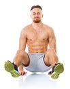 Sport attractive man doing fitness exercises on the white