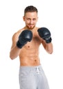 Sport attractive man wearing boxing gloves on the white