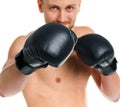 Sport attractive man wearing boxing gloves on the white