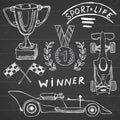 Sport auto items doodles elements. Hand drawn set with Flag icon. Checkered or racing flags first place prize cup. medal and Royalty Free Stock Photo