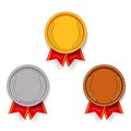 Sport award medal gold silver bronze sport 1st 2nd 3rd place red ribbon icons set vector illustration Royalty Free Stock Photo