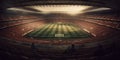 Sport background. Imaginary stadium. Generative AI. Stadium with green grass, illumination lights. Sport arena