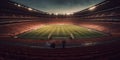 Sport background. Imaginary stadium. Generative AI. Stadium with green grass, illumination lights. Sport arena