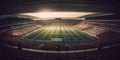 Sport background. Imaginary stadium. Generative AI. Stadium with green grass, illumination lights. Sport arena