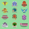 Sport badge template teams or clubs school balls and vector shooes symbols. Tournament competition graphic champion