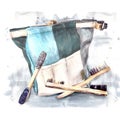 Climbing, bouldering magnesium bag with brushes. Watercolor illustration isolated white background