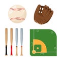 Sport Ball, Bat, Catcher gear and Court for baseball. Royalty Free Stock Photo